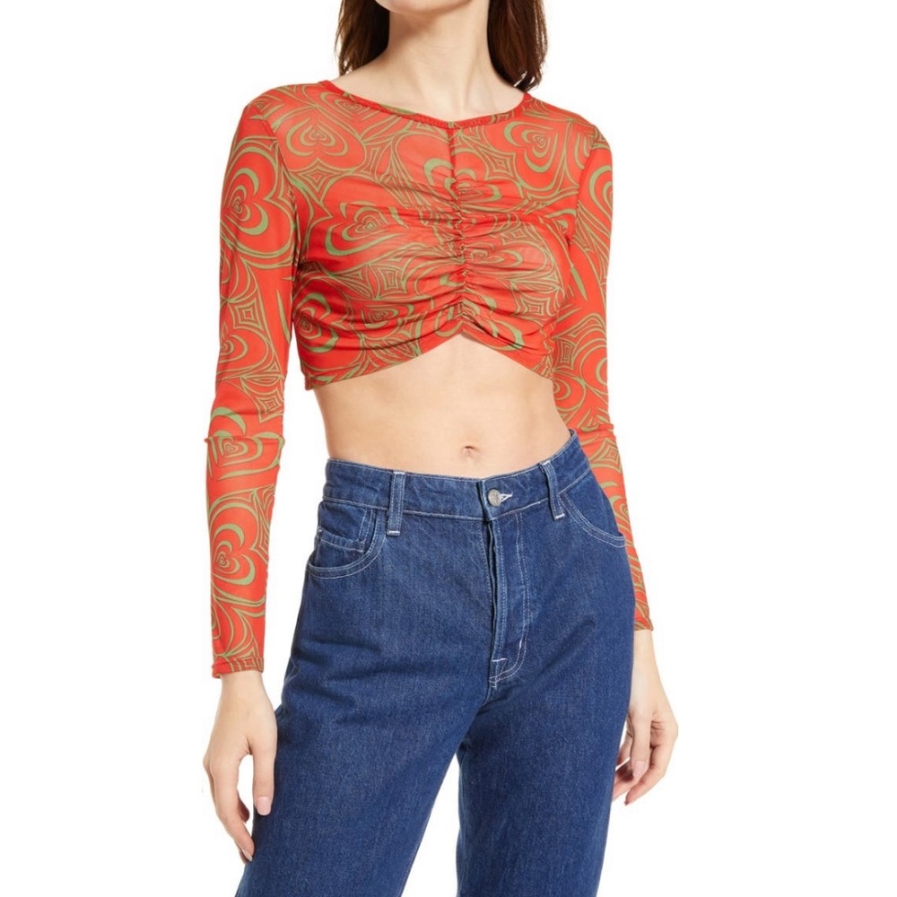 Lisa Says Gah Red Elenor Wild Hearts Print Ruched Mesh Crop Top
